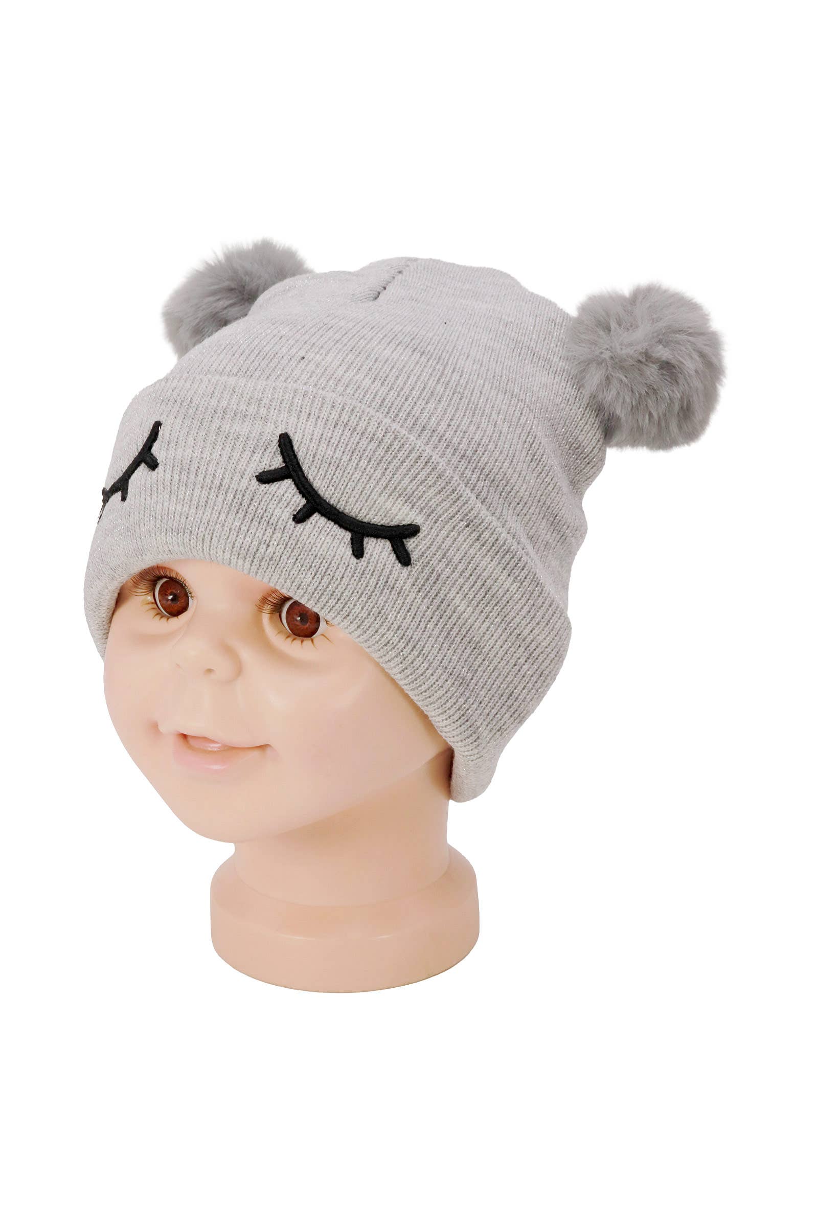 ASSORTED Kids Dreamy Eyes Double Pom Pom Knitted Beanie for wholesale on Faire5