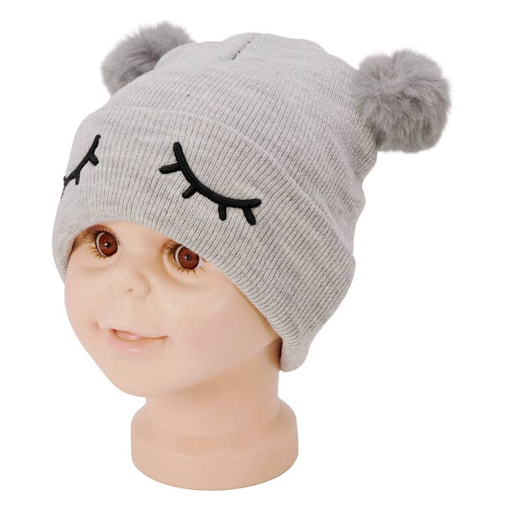 ASSORTED Kids Dreamy Eyes Double Pom Pom Knitted Beanie for wholesale on Faire5
