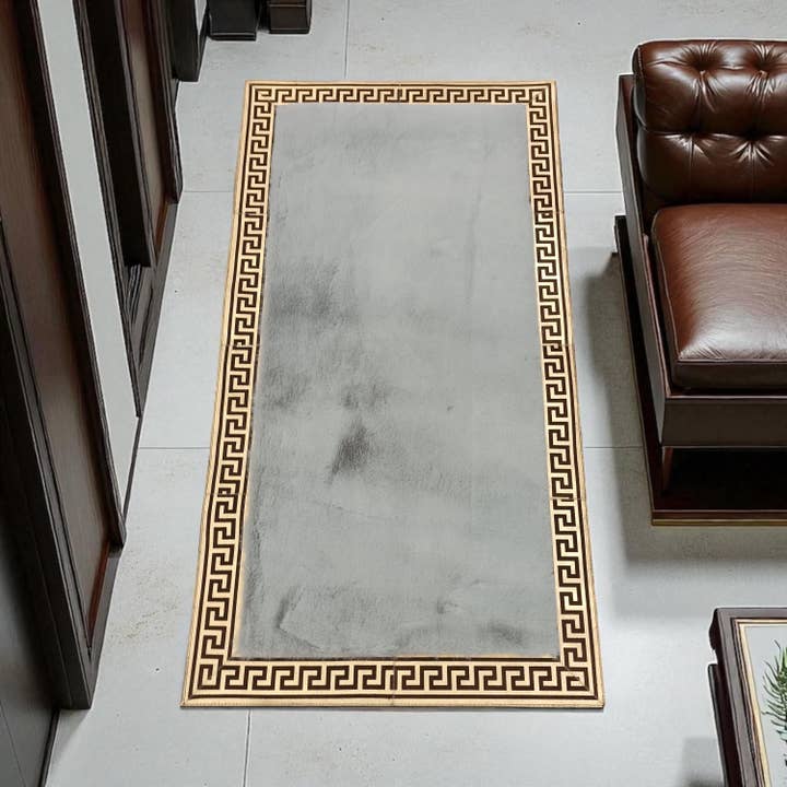 Light Gray Faux Fur Rug with Greek Key Border, Shaggy Living Room Carpet for wholesale by Karelias And Sons