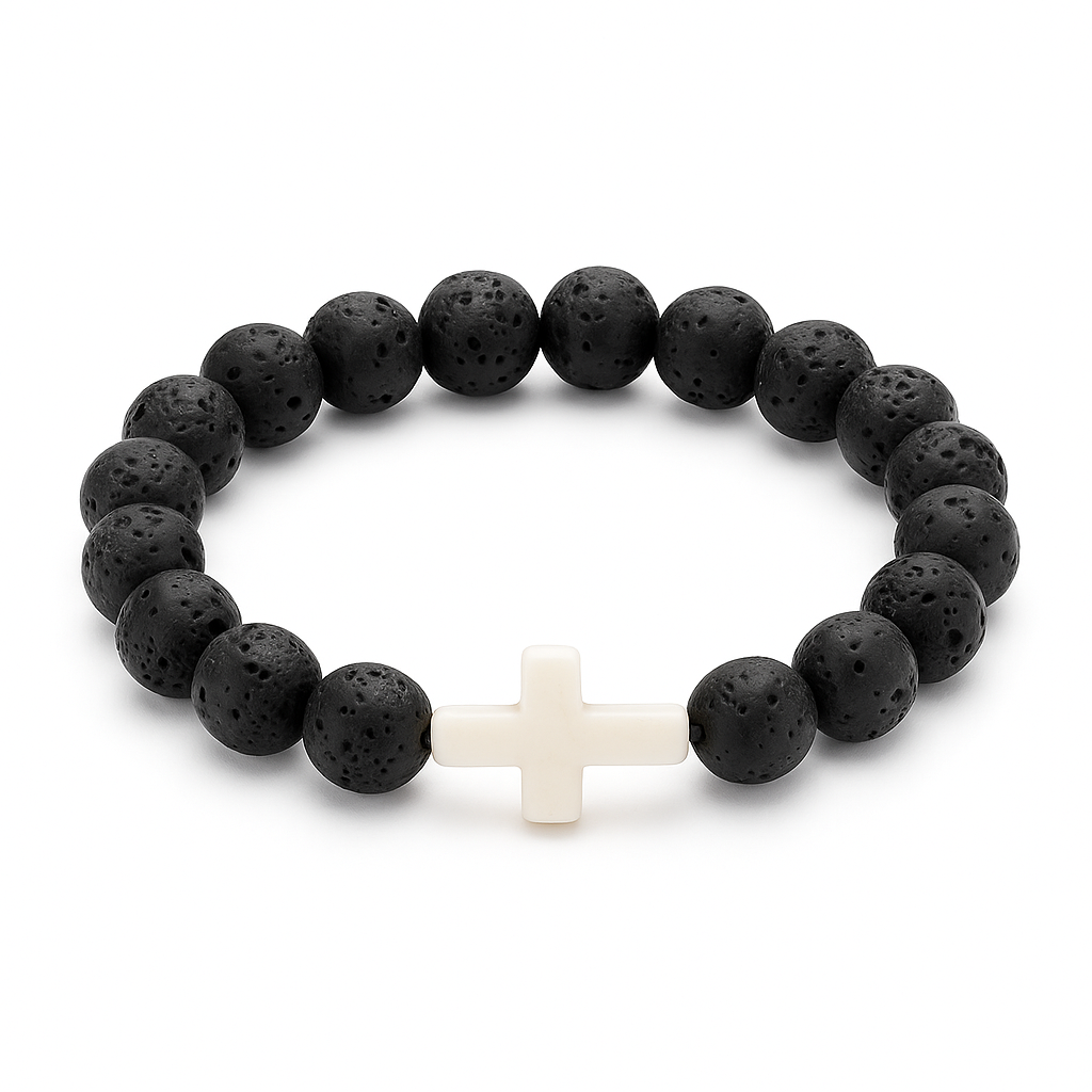 Gemscape UK - Wholesale Beaded Bracelet - Lava Rock & Black Onyx Beaded Bracelet with Cross – Healing 10
