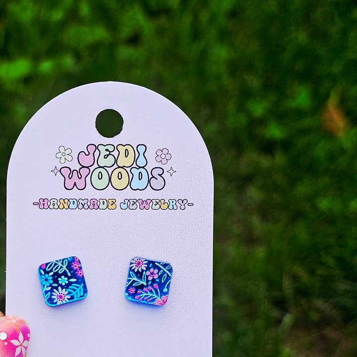 Brincos de Tacha Florais Metálicos Espelhados Azuis Quadrados por atacado de Jedi Woods LLC