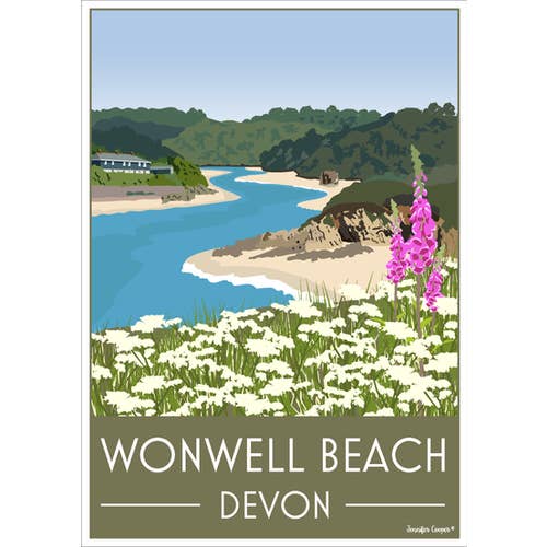 Wonwell Beach, Devon | Poster in stile vintage/Art Déco per la vendita all'ingrosso da parte di Jennifer Cooper Designs