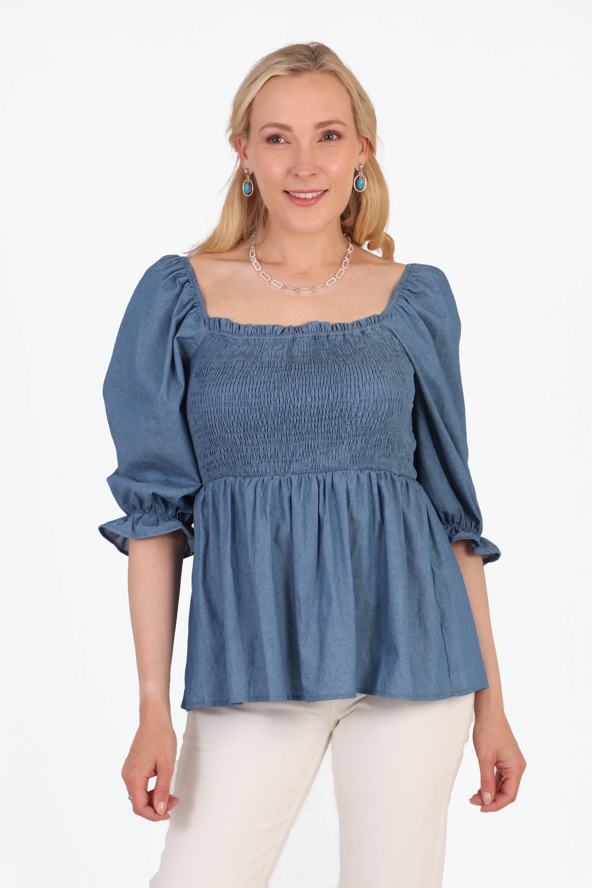 Sarta – wholesale Blouse – Women’s – Denim Look Milkmaid Top with Puff Sleeves in Blue
