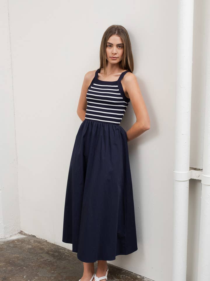 Moon River - Wholesale Dress - Women's - SQUARE NECK SWEATER KNIT MIX MEDIA MIDI DRESS