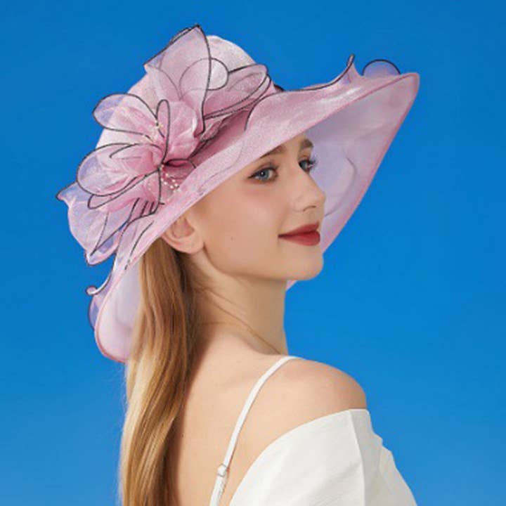 AK Brand - Wholesale Fascinator Hat - Women's - Wide Brim Organza Dress Hat with Sheer Ribbon Floral Design4