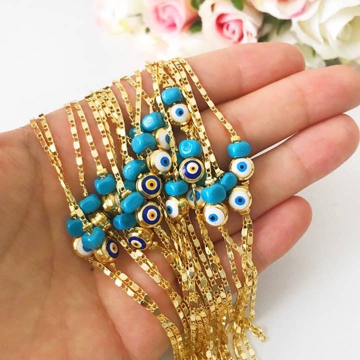Evileyefavor – Engroshandel Armbånd med vedhæng – Guldkæde armbånd, Evil Eye Perle, Blå Hvid Evil Eye Perle, Græske Smykker