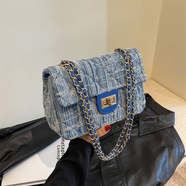 Borsa a tracolla a catena in denim a quadri casual da donna per la vendita all'ingrosso da parte di SALINA TRADING INC