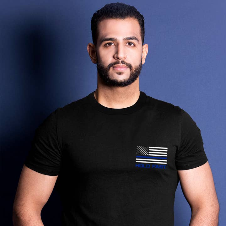 Black HOLD FAST Mens T-Shirt Police Flag for wholesale on Faire1