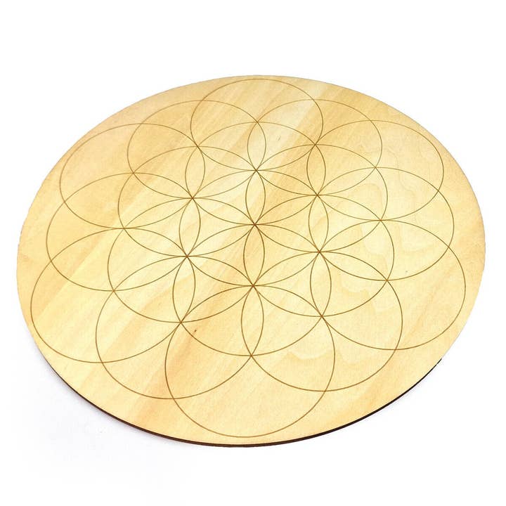 Shamans Crystal - Wholesale Crystal Grid - Crystal Grid Plates Round In Wood, 20cm Wide, Flower of Life24