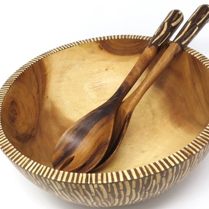 Fair Together - Vendita all'ingrosso Set di posate assortite - Cucchiai per insalata con intarsi in bambù, noce di cocco o cannella10