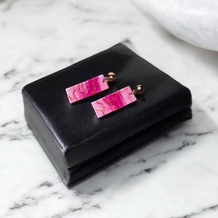 Fish Towne Designs, LLC - Wholesale Dangle Earrings - Pink Marbled Acrylic Statement Earrings with Gold Accents