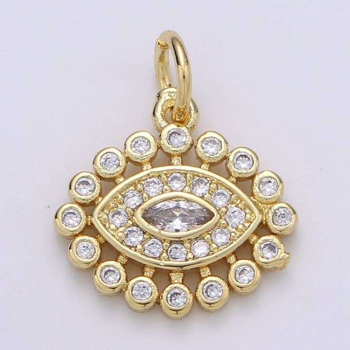 14K ClusterCubicEvil Eye Gold Filled Pendant, Micro Pave Evil Eye Charm, Clear Cubic Charms, CZGold Evil Eye Charm, Sun Burst Jewelry Supply D-223 for wholesale by Aim Eternal