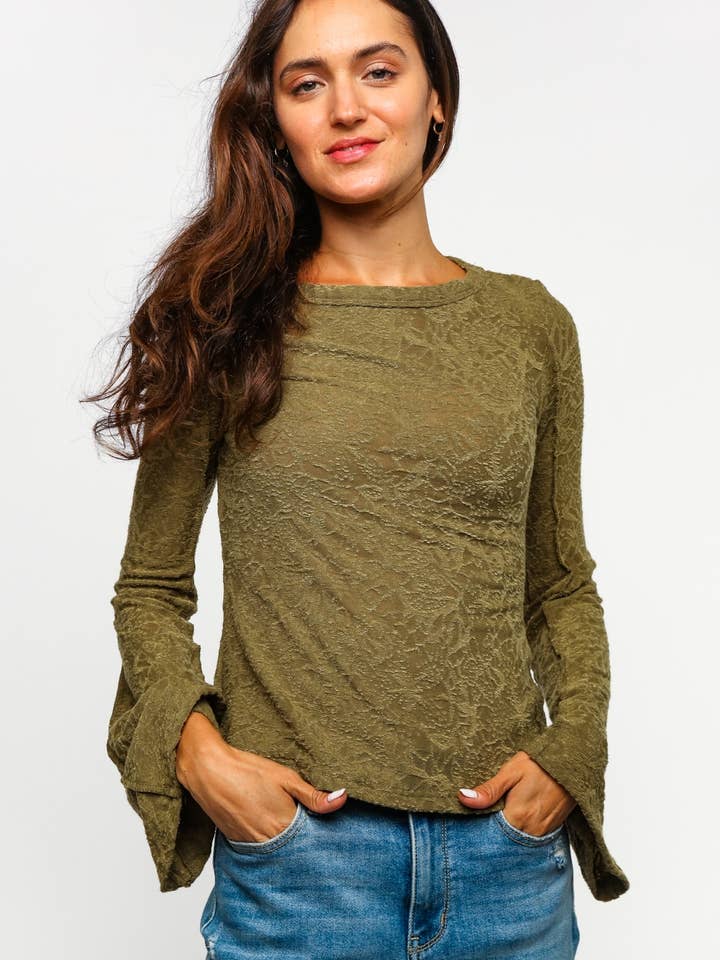 Kori America - Wholesale Knit Top - Women's - PLUS SIZE BELL SLEEVE FLORAL JACQUARD KNIT TOP