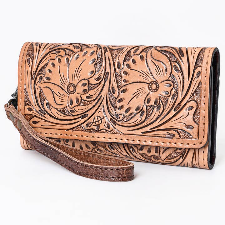 ADBG1132 American Darling Hand Tooled Floral Leather Clutch & Crossbody Wallet for wholesale by LS Western