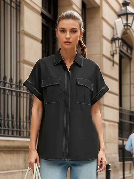 STITCH DETAIL FRONT ZIP UP BLOUSE for wholesale by VAVA by Joy Han