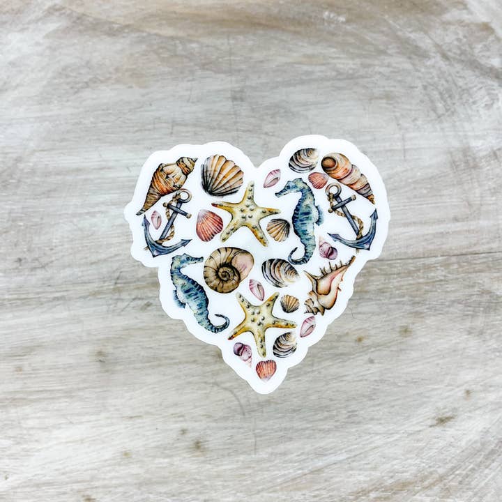 Savannah and James Co - Wholesale Sticker - Sea Shell Heart Clear Beach Sticker, 3x3 inch1