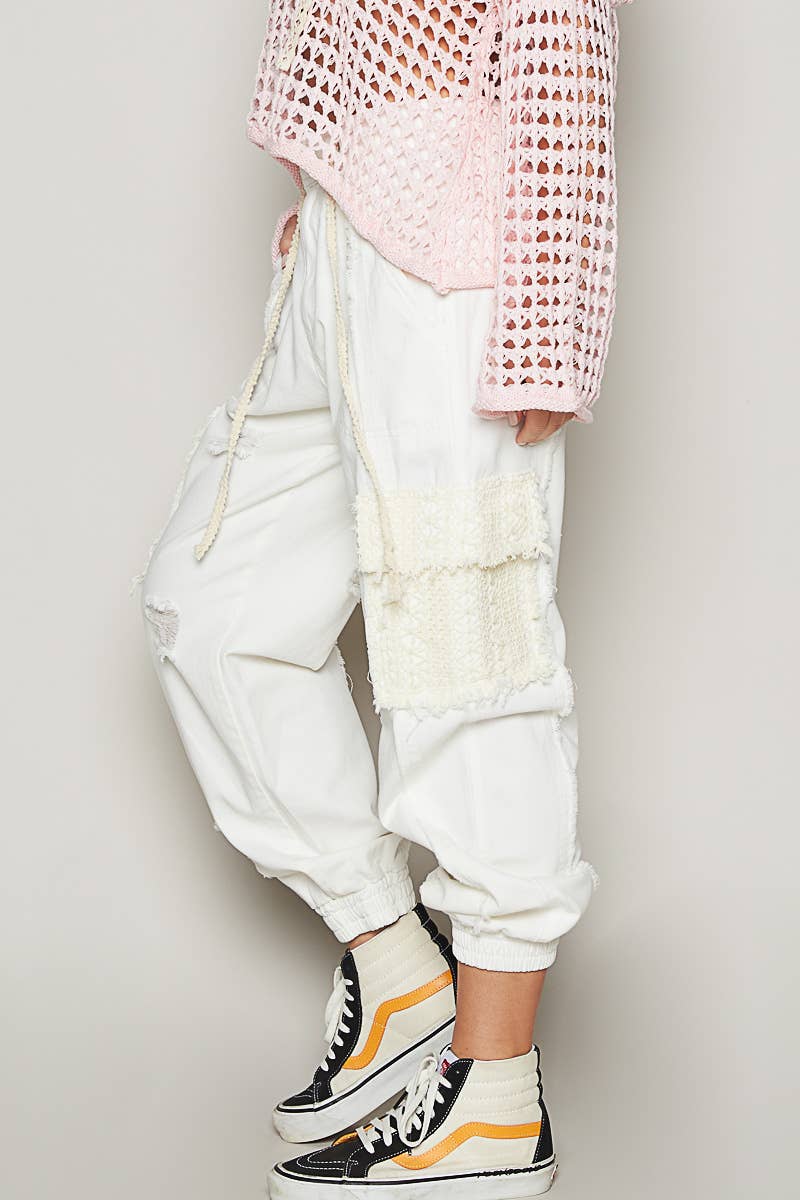 Pol Clothing - Wholesale Jeans - Women's - Tie waistband contrast crochet cargo pockets denim joggers29