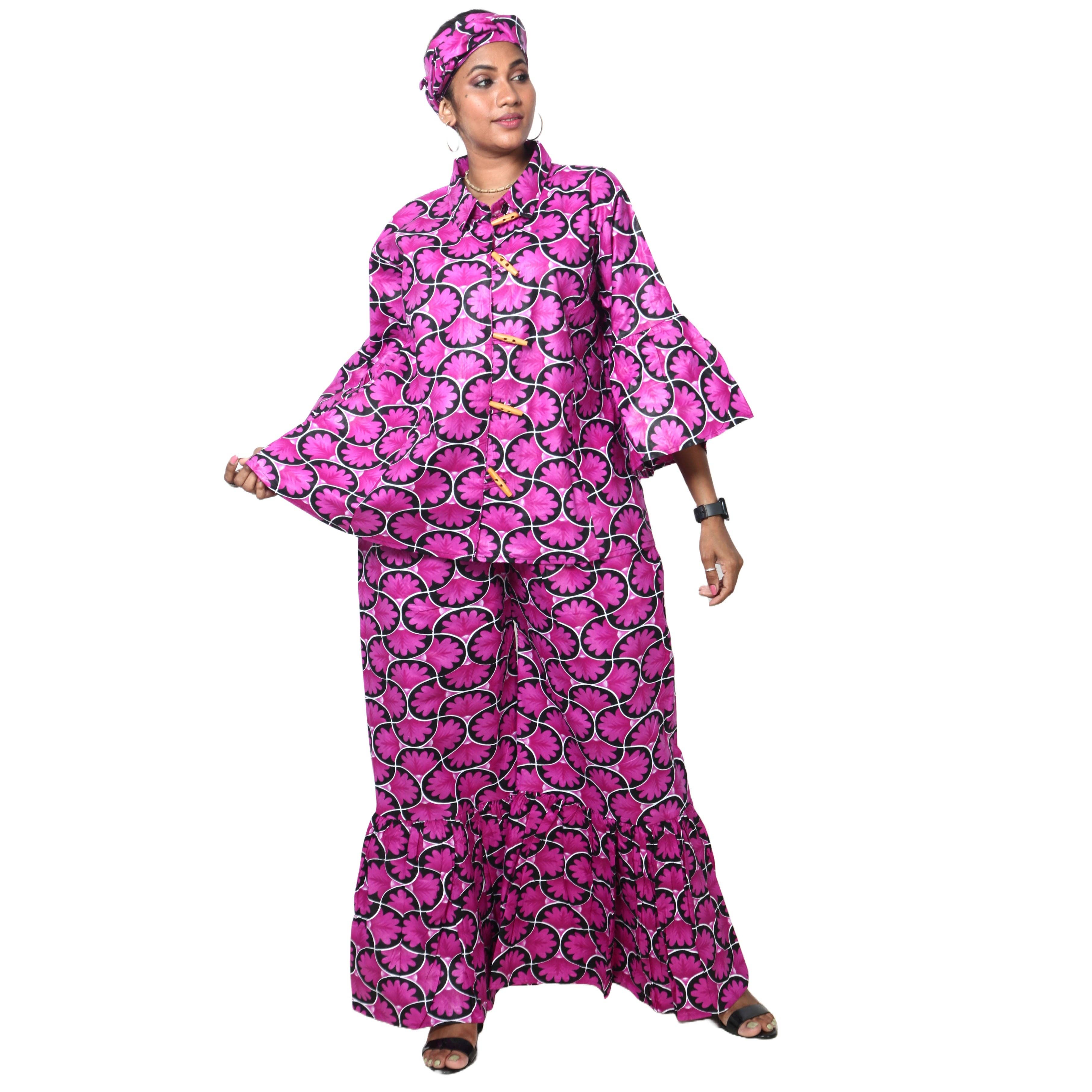 African Stars - Vente Ensemble haut et pantalon (PAS d'intérieur) - Femme - Ensemble Chemisier Femme et Pantalon Palazzo -- Imprimé FI-40507