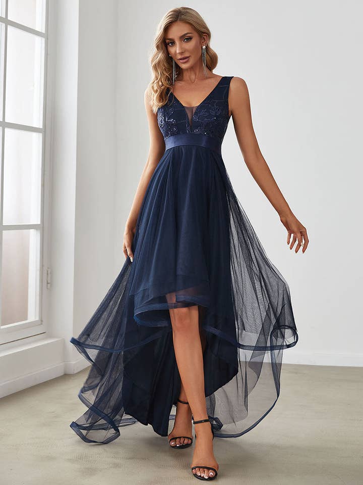 Ever-Pretty - Wholesale Gown - Women's - Sequin High-Low V Neck Tulle Dress