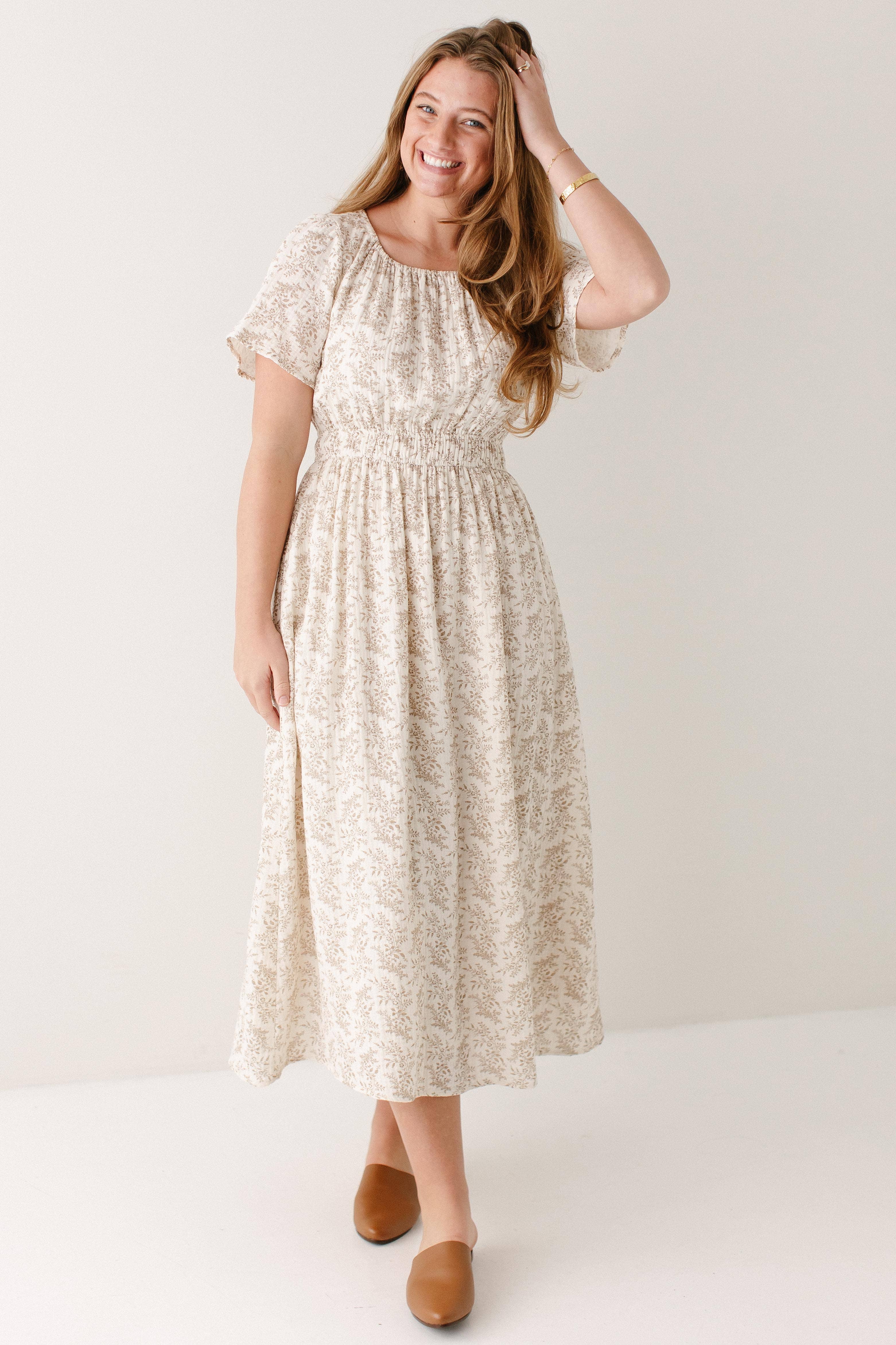 Ivory 'Cynthia' Botanical Print Cotton Gauze Midi Dress for wholesale on Faire1
