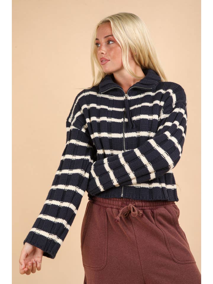 VERY J - Wholesale Cardigan - Women's - 12W3212N-Mock Neck Zipper Stripe Knit Sweater Cardigan
