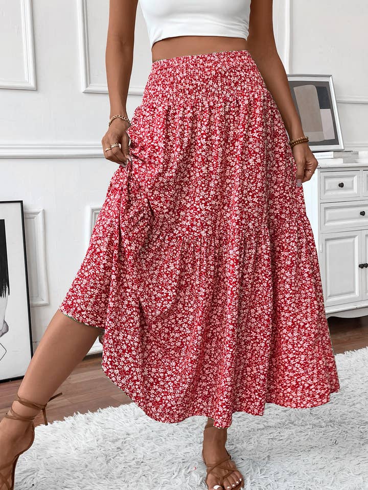 Rosa Clothing - Wholesale Skirt - Women's - Ditsy Floral Smocked Waist A-Line Skirt21