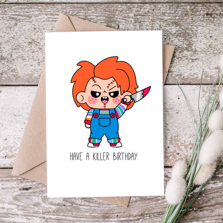 Melina Maris – postal de parabéns por atacado – Chucky “Tenha um aniversário assassino” | Cartão comemorativo