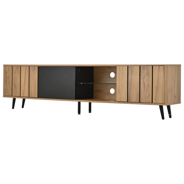 Wood effect TV stand and black tempered glass shelf ANEMONECUP for wholesale by Urban Meuble