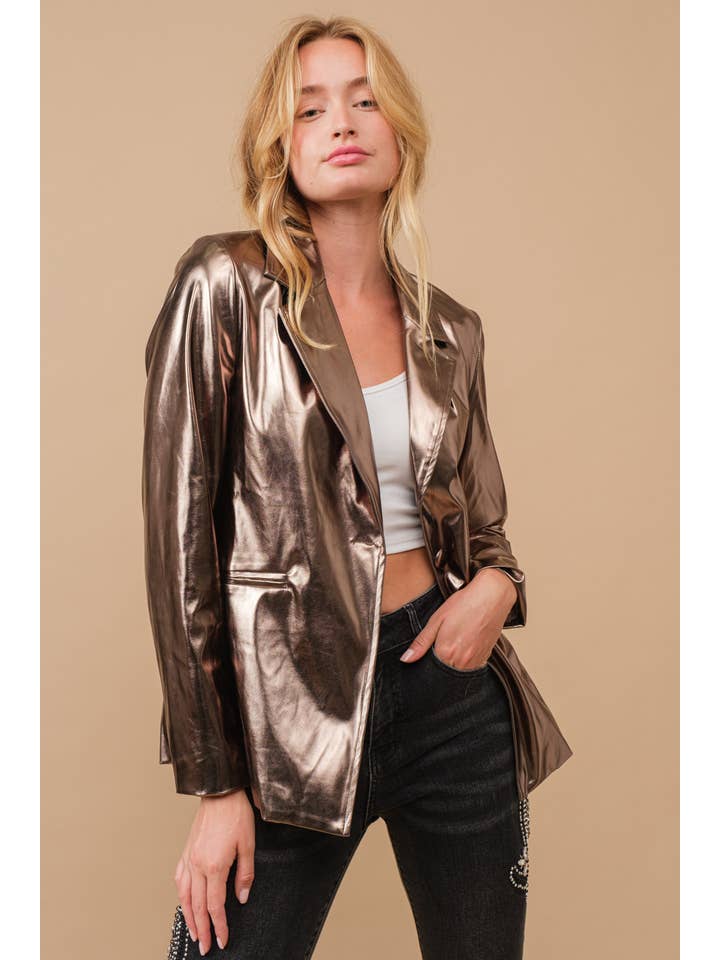 Blue B - Wholesale Blazer - Women's - 61245J - Metallic Pu Loose Single Blazer Jacket14