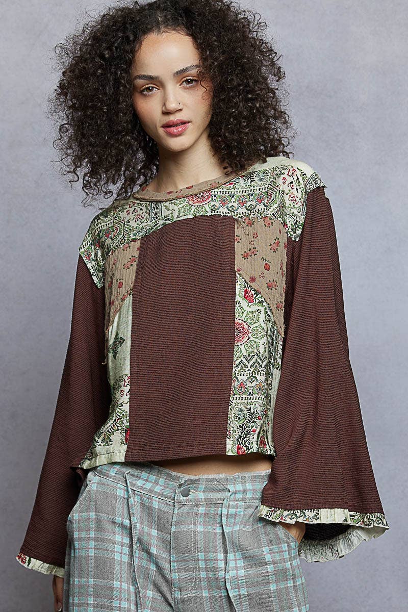 Pol Clothing - Wholesale Blouse - Women's - Long sleeve double gauze printed woven contrast top6