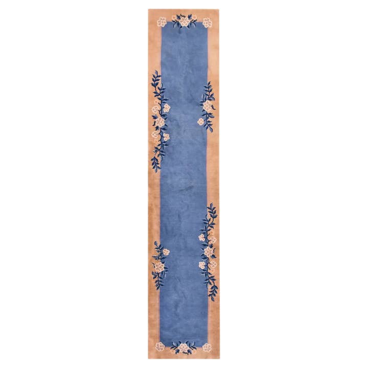 Chinoiserie Blue Floral Wool Hand Knotted Area Rug Runner for wholesale by Maia Homes