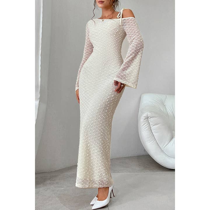 BEIGE Solid Off Shoulder Bodycon Long Sleeve Dress for wholesale on Faire1