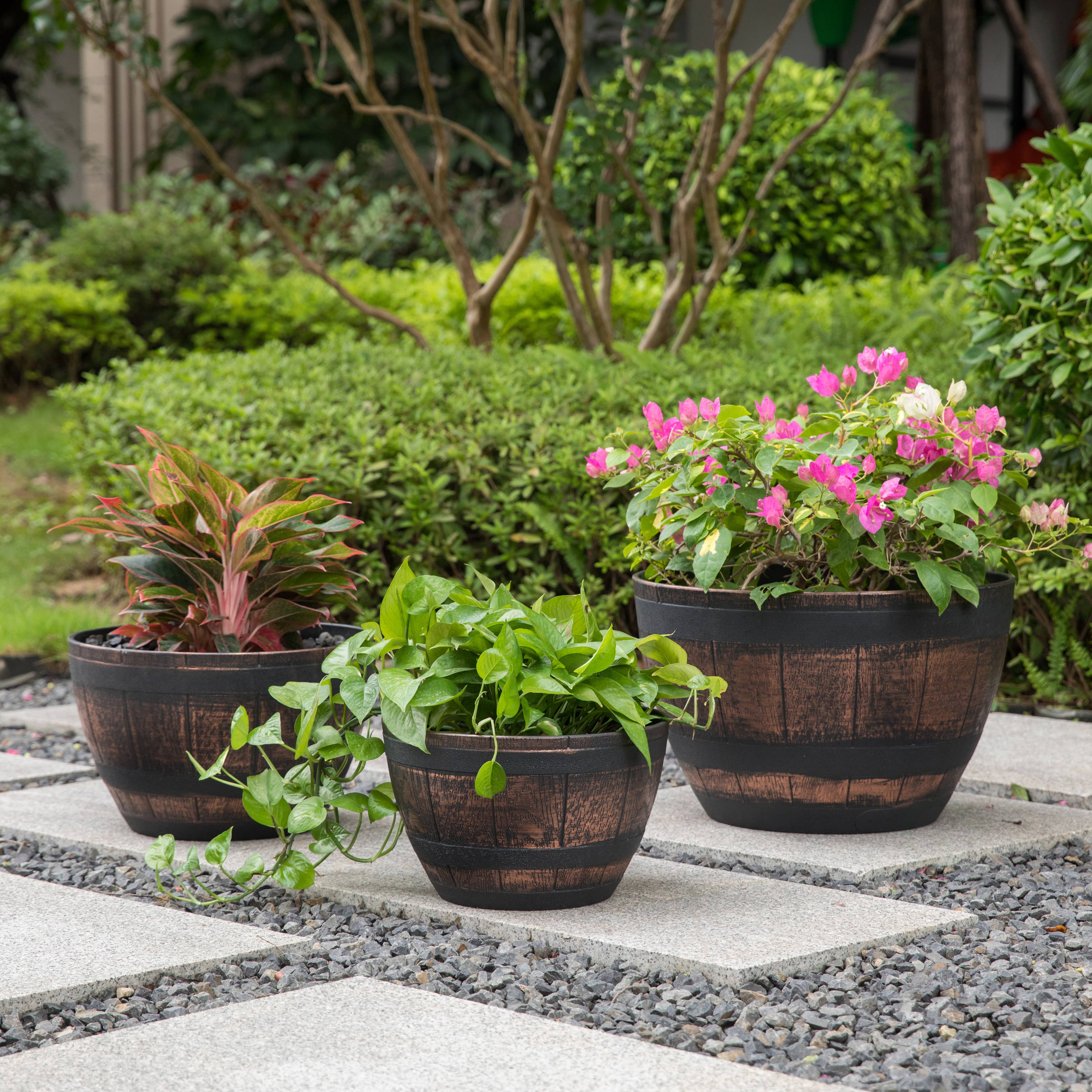 Quickway Imports - Wholesale Plant Pot - Brown Outdoor Rustic Half Barrel Flower Garden Planter Bowl9