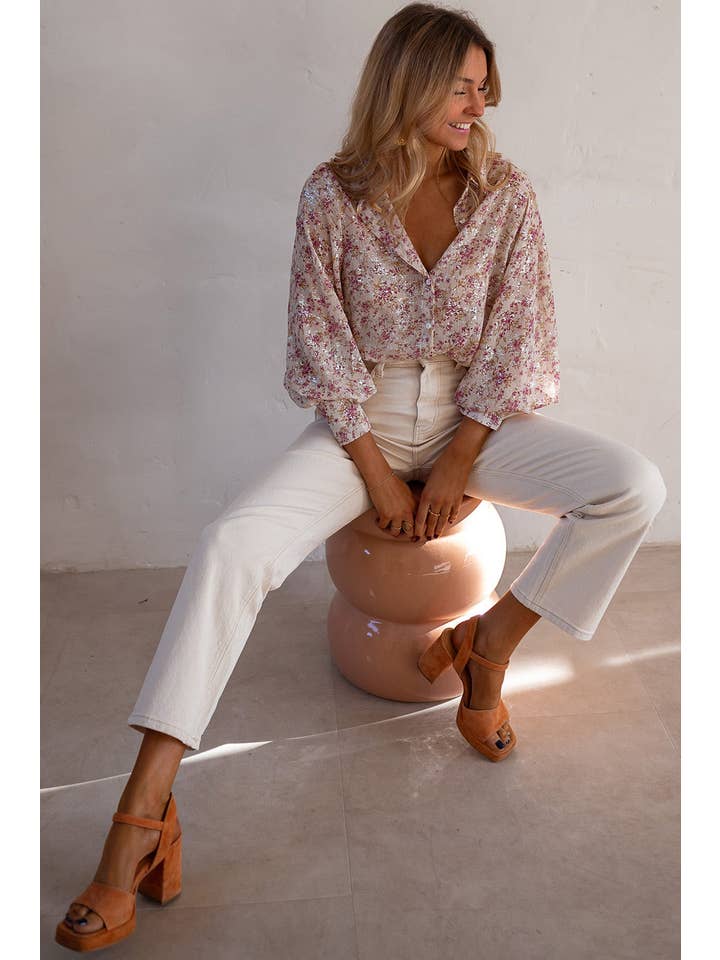 Pink Bishop Sleeve Collared V Neck Shirt for wholesale on Faire12