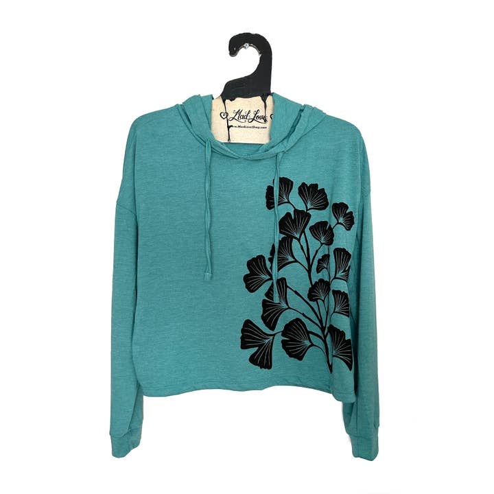 Opções Heather Azul/Verde Camiseta de Manga Comprida Crop c/Gingko por atacado de Mad Love Shop