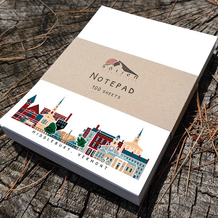 Middlebury Vermont Cityscape Notepad for wholesale by Soijen Illustrations