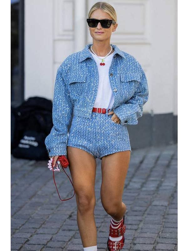 BLUE sequins crop denim jacket and shorts set for wholesale on Faire7