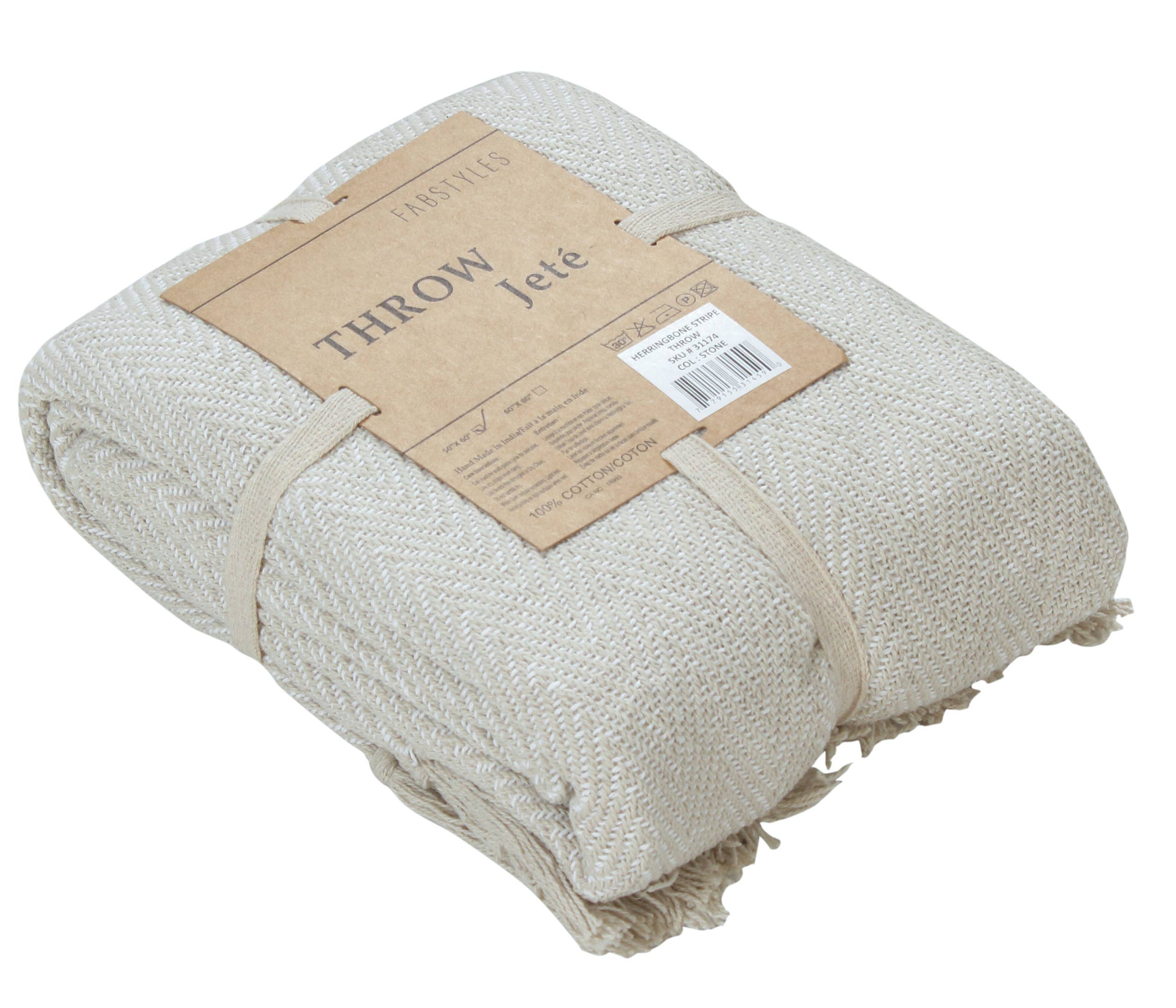 Fabstyles - Wholesale Decoratiedeken - Fabstyles Visgraat gestreept katoenen deken franjes14