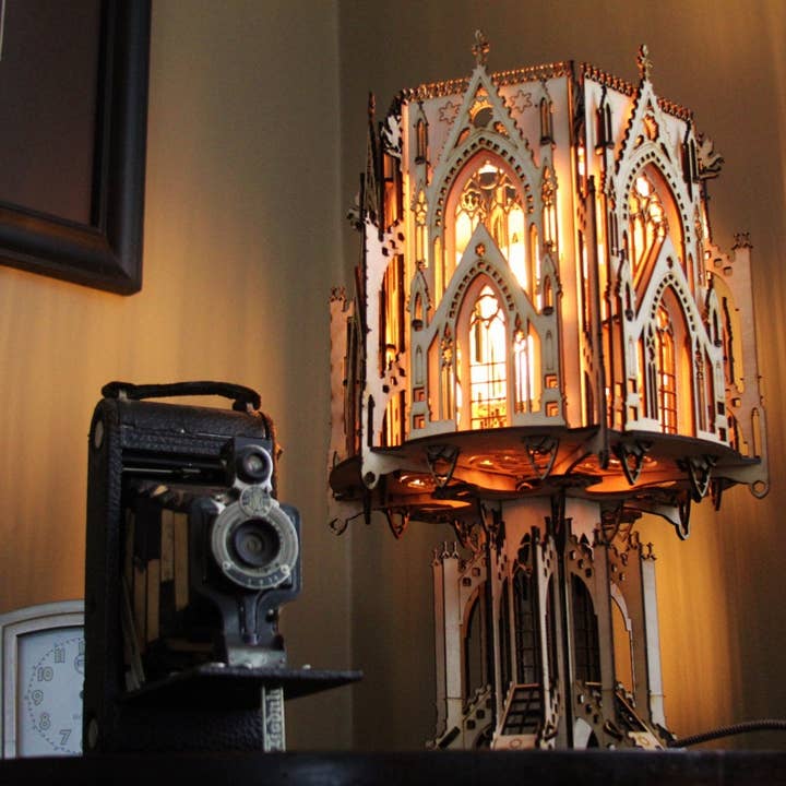 The Cathedral, Gothic Style Architecture, 3D Puzzle Wood Sculpture Lamp for wholesale by One Man One Garage