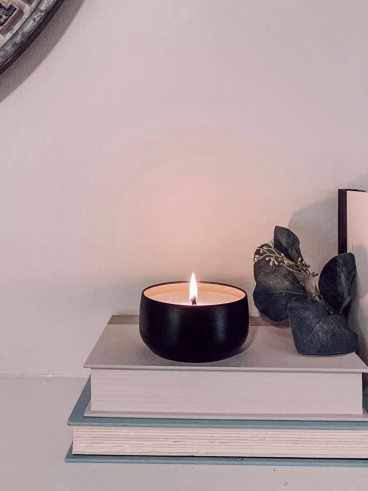8 oz Black Tin Soy Candle for wholesale by Rescue Me Candle Co LLC