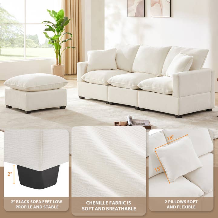 White Modern Modular 4-Seat Chenille Sectional Sofa with 2 Pillows for wholesale on Faire