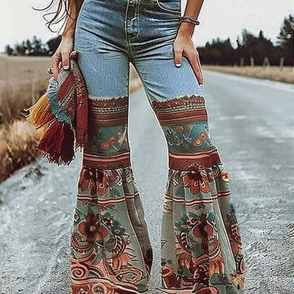 Pantalon évasé à imprimé floral, poches taille haute, bas de pantalon en jean pour la vente par UZ Wholesale Store