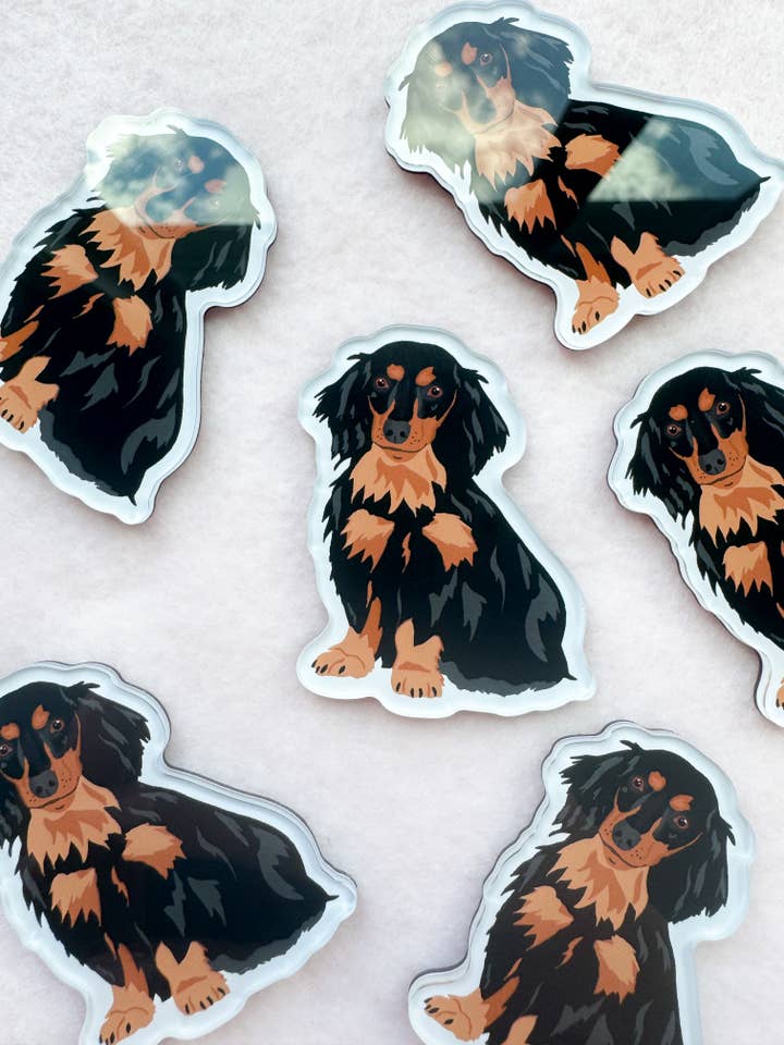 Dachshund (long haired black and brown) Magnet for wholesale by Our Cheery Corner