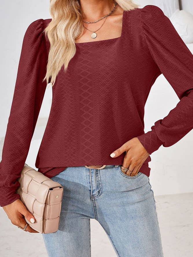 Comely Fashion - Wholesale Blouse - Women's - CF-HLL106 Square Neck Solid Jacquard Tshirt Long Sleeves Top2