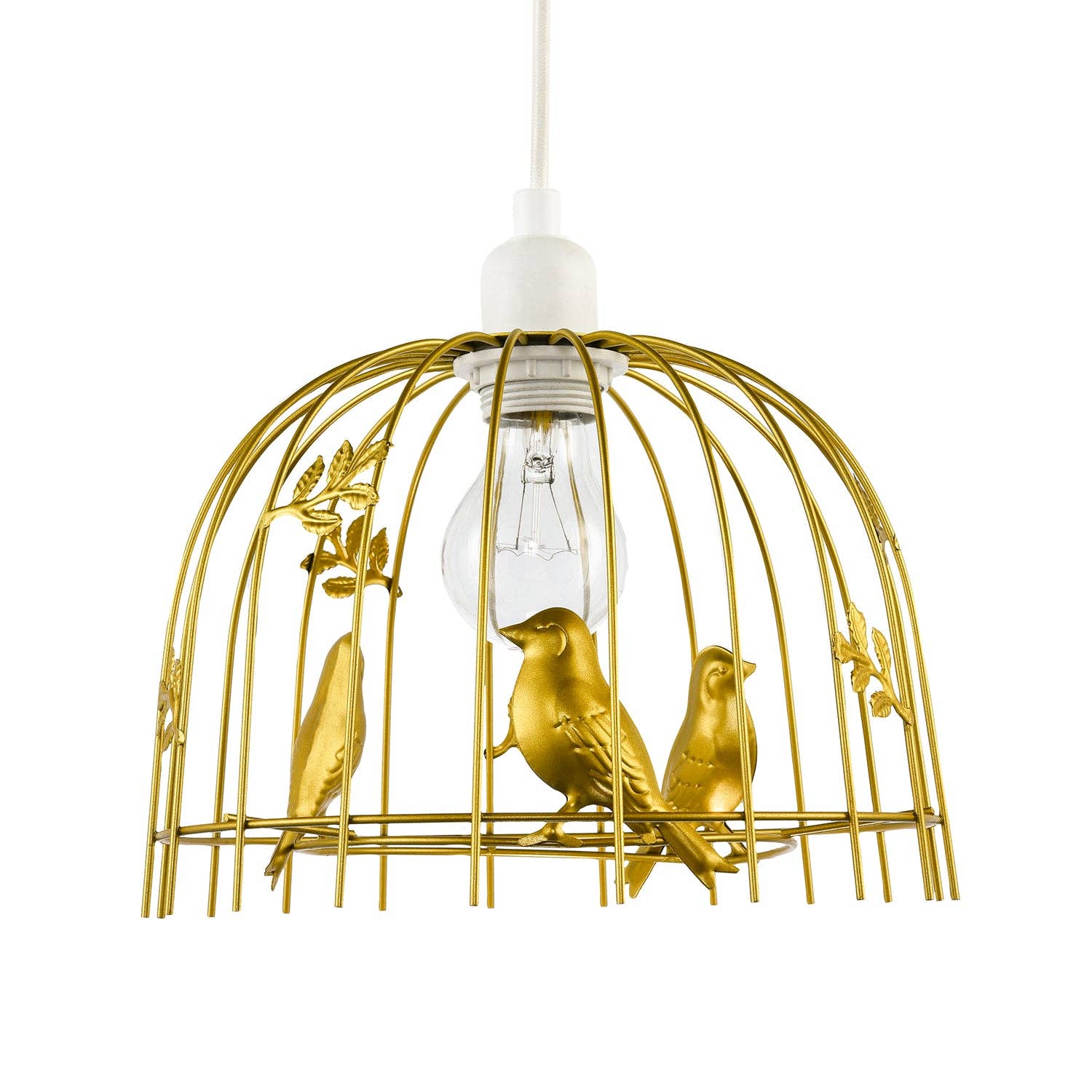 Happy Homewares – wholesale Chandelier/hanging light – Chic Birdcage Pendant Shade in Satin Gold Metal with Birds and Leaves