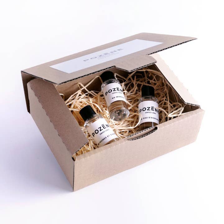 Geschenkbox — 3 x 30 ml Händedesinfektionsmittel mit Duft für den Großhandel von Pozène