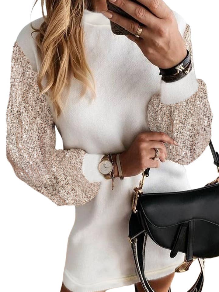 Lovesoft - Wholesale Dress - Women's - White Sequin Puff Sleeve Shift Mini Dress3