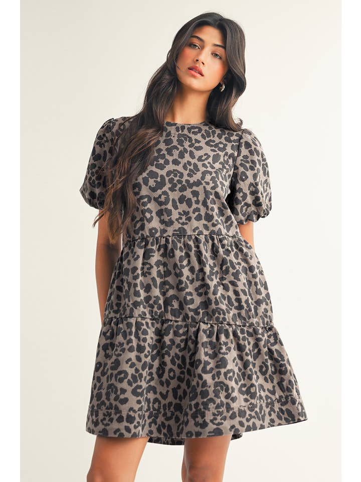 Brown LDC Denim Leopard Printed Short Sleeve Flared Mini Dress for wholesale on Faire