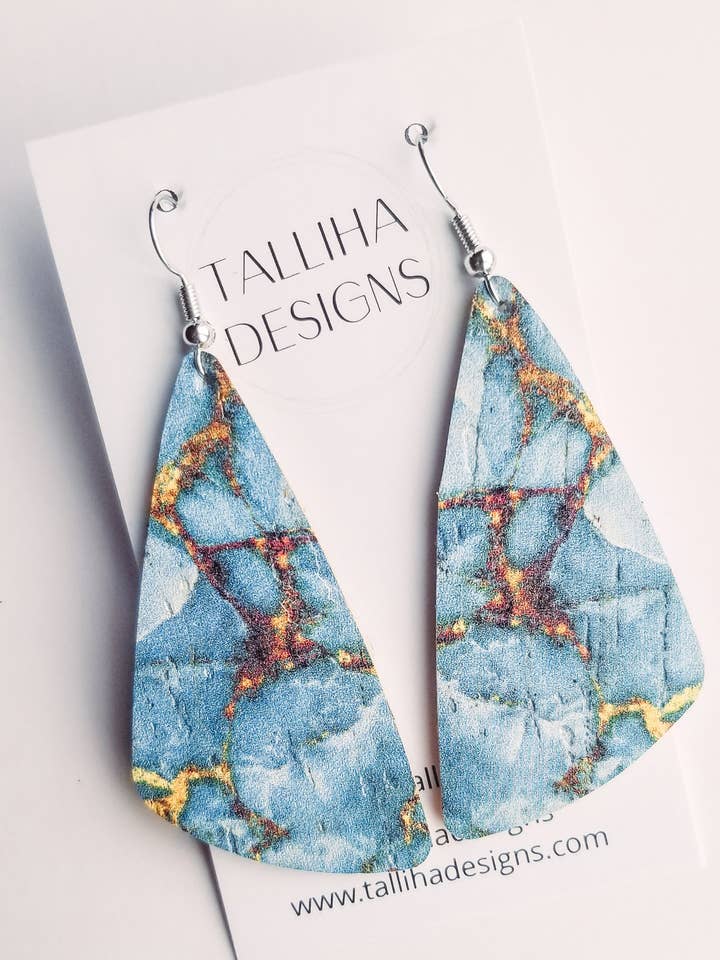 Blue Gold Bronze Marble Genuine Leather Backed Cork Earrings for wholesale by Talliha Designs