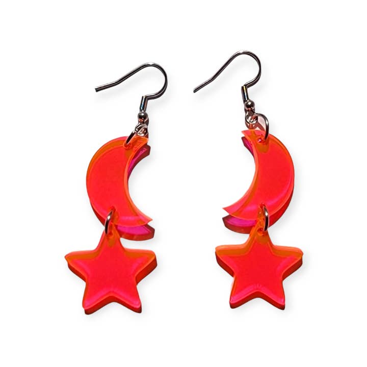 Boucles d'oreilles lune et étoile rose fluo pour la vente par Mushy Mushy